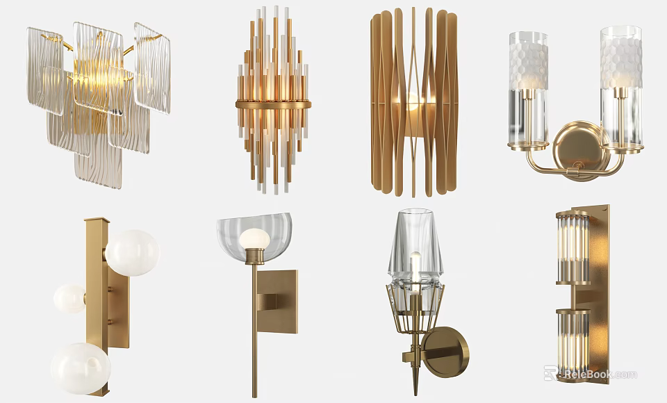 Modern Wall Lamps Design With Various Shapes Glass Shades And Metal Frames 3d model 