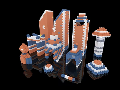 Colorful Cartoon Scene with Pixel Art Block Structures and Various Shaped Buildings 3d model