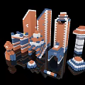Colorful Cartoon Scene with Pixel Art Block Structures and Various Shaped Buildings