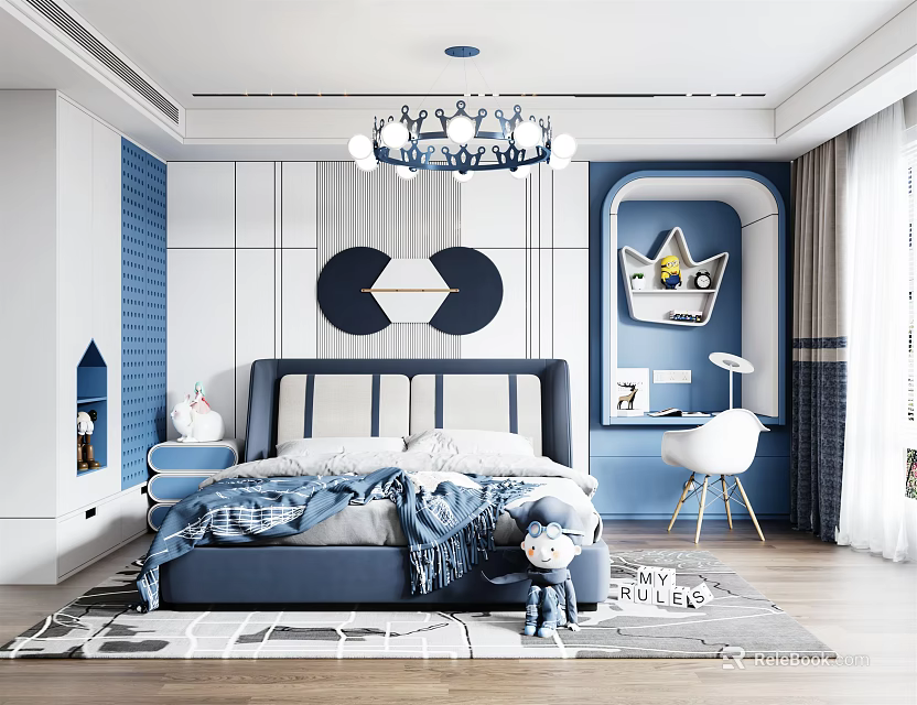 Blue Kids Room With Bed Cartoon Chandelier Stuffed Toy And Crown Wall Art 3d model 