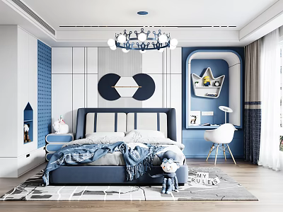 Blue Kids Room With Bed Cartoon Chandelier Stuffed Toy And Crown Wall Art 3d model