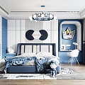 Blue Kids Room With Bed Cartoon Chandelier Stuffed Toy And Crown Wall Art