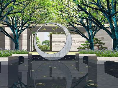 Circular Entrance Gate Surrounded by Green Trees and Water Pool Reflection 3d model