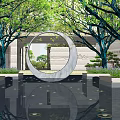 Circular Entrance Gate Surrounded by Green Trees and Water Pool Reflection