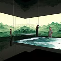 Immersive Interior Space With Green Landscape Mural And Mirrored Floor Design