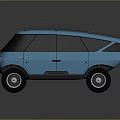 Blue Retro Styled Compact Van With Roof Rack Off Road Tires And Round Headlights