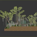 Natural Landscape Model with Green Trees Hanging Vines Wooden Bench Pathway and Water Area