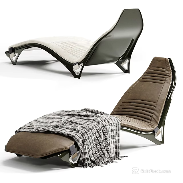 Modern White and Brown Lounge Chairs With Metal Frame and Plaid Blanket 3d model 