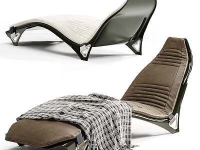 Modern White and Brown Lounge Chairs With Metal Frame and Plaid Blanket 3d model