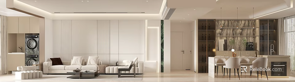 Modern Minimalist Living Dining Room Interior With White Walls Sofa And Green Plant Decor 3d model 