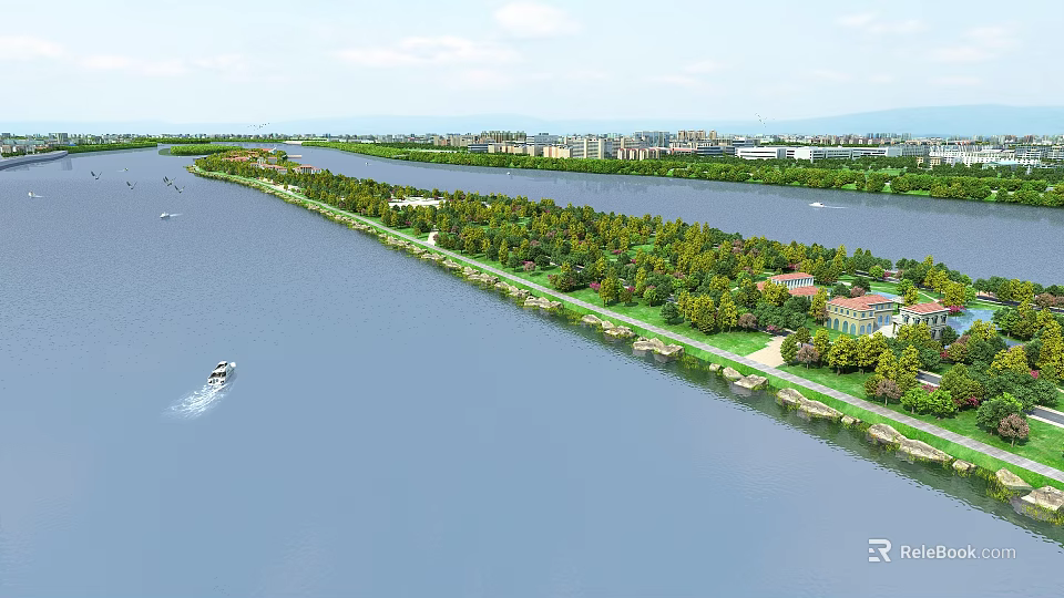 Scenic Riverfront Green Area With Trees Boats And Distant Cityscape 3d model 