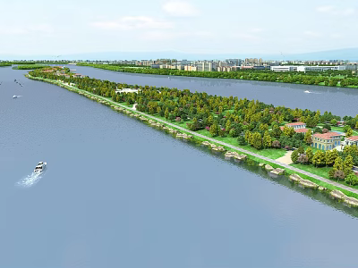 Scenic Riverfront Green Area With Trees Boats And Distant Cityscape 3d model