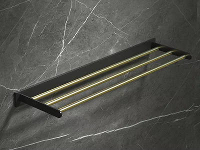 Wall Mounted Bathroom Rack With Black Frame And Gold Bars On Marble Wall 3d model