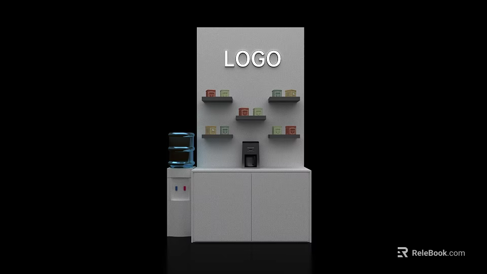 Modern White Bar Counter With Logo Shelves Items Water Dispenser And Coffee Machine 3d model 