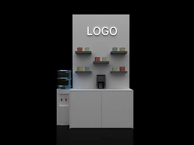 Modern White Bar Counter With Logo Shelves Items Water Dispenser And Coffee Machine 3d model