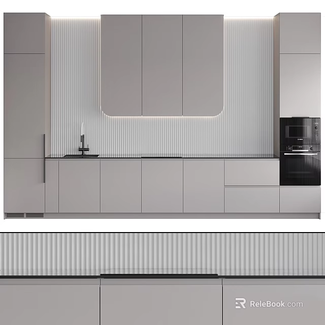 Modern Kitchen Interior Featuring Light Gray Cabinets Sleek Countertop Textured Backsplash And Coffee Machine 3d model 