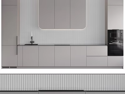 Modern Kitchen Interior Featuring Light Gray Cabinets Sleek Countertop Textured Backsplash And Coffee Machine 3d model