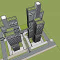 Modern High Rise Office Building With Glass Curtain Walls Connected Towers And Landscaped Areas