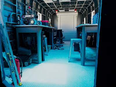 Cartoon Scene of Blue Toned Cargo Van Interior with Workbenches Tools Ladder and Fire Extinguisher 3d model