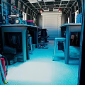 Cartoon Scene of Blue Toned Cargo Van Interior with Workbenches Tools Ladder and Fire Extinguisher