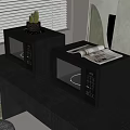 Stylish Gray Nightstand With Black Microwaves Small Cactus And Open Magazine By Window Blinds