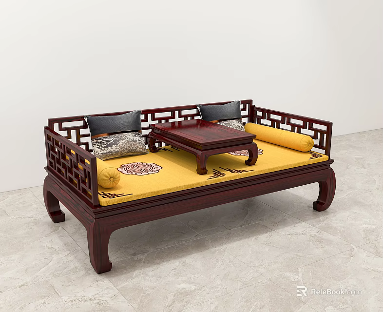 Traditional Chinese Luohan Bed With Carved Wooden Frame Yellow Cushion And Pillows 3d model 