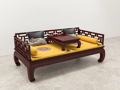 Traditional Chinese Luohan Bed With Carved Wooden Frame Yellow Cushion And Pillows 3d model