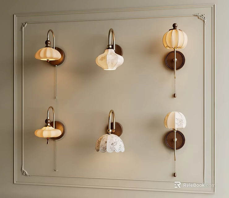 Elegant Vintage Wall Lamps with Diverse Fabric Shades Mounted on Classic Wall 3d model 