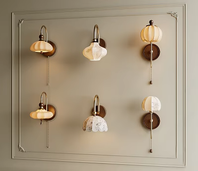 Elegant Vintage Wall Lamps with Diverse Fabric Shades Mounted on Classic Wall 3d model
