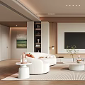 Modern Living Room Interior With White Sofa Orange Armchair Round Coffee Table And Built-in TV