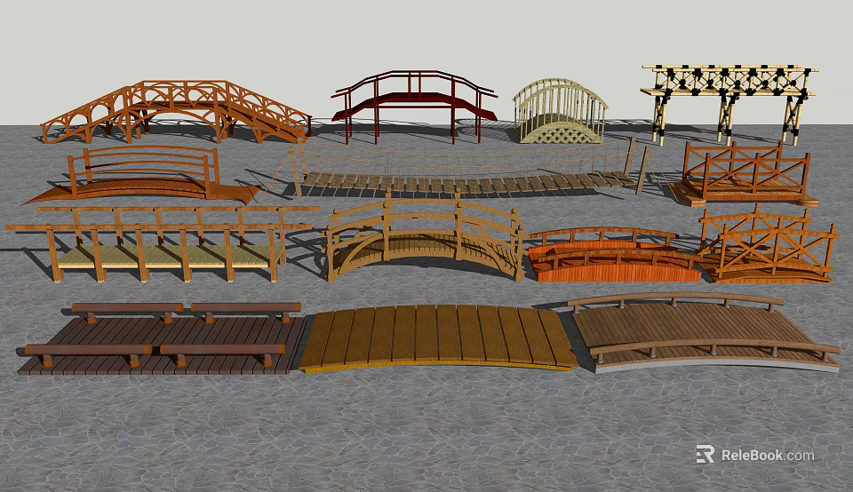 Different Types Of Wooden Garden Bridges With Arch And Flat Designs 3d model 