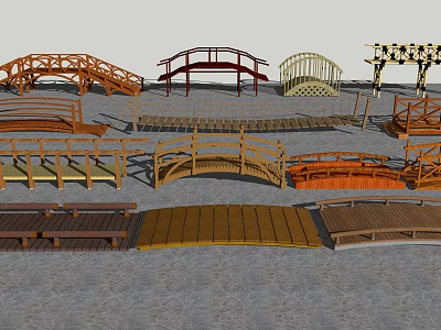 Different Types Of Wooden Garden Bridges With Arch And Flat Designs 3d model