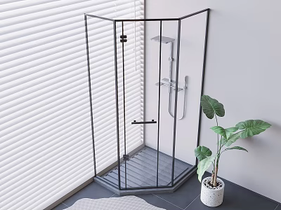 Modern Black Frame Glass Shower Enclosure With Shower Head White Blinds And Green Plant 3d model