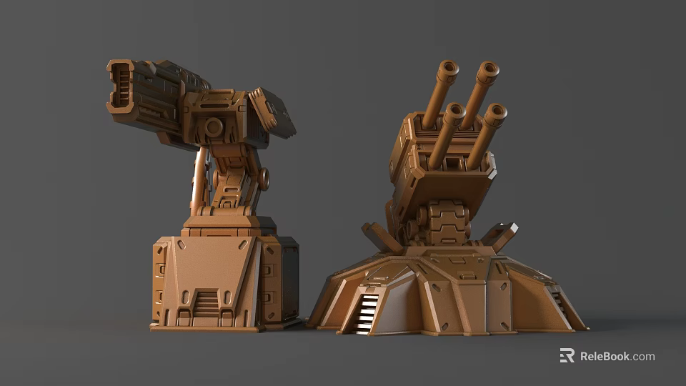Brown Mechanical Sculptures With Intricate Cannons Arm Steps And Industrial Details Design 3d model 