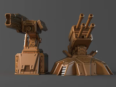 Brown Mechanical Sculptures With Intricate Cannons Arm Steps And Industrial Details Design 3d model