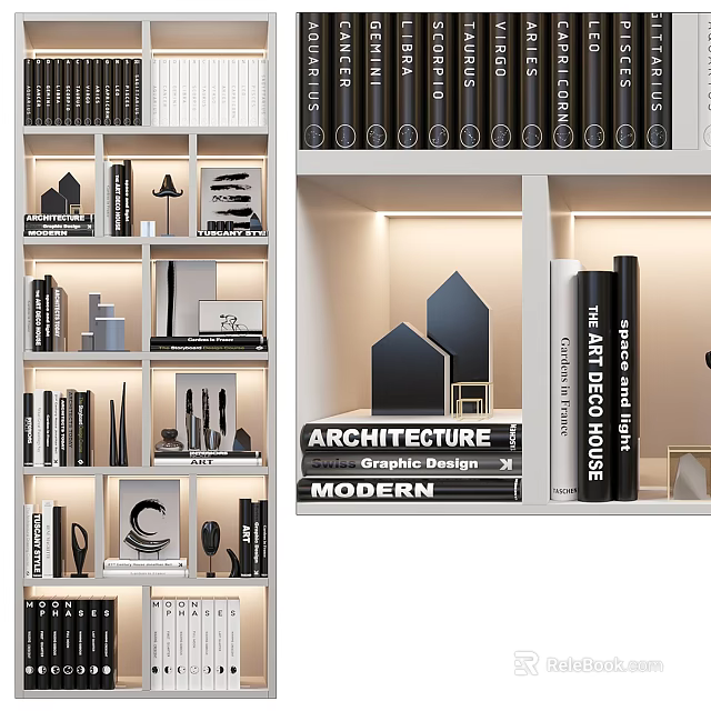 Stylish Modern Bookcase With Architecture Books Graphic Design Books And Decorative Items 3d model 