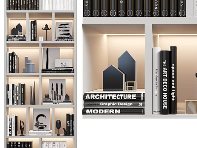 Stylish Modern Bookcase With Architecture Books Graphic Design Books And Decorative Items 3d model
