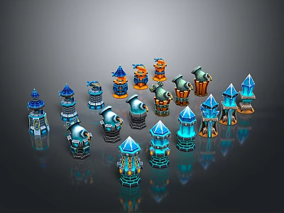 Vibrant Scenic Landscape with Colorful Tower Structures Arranged on Dark Shiny Background 3d model