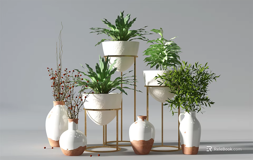Bonsai Potted Plants With White Brown Pots And Golden Stands Green Foliage 3d model 