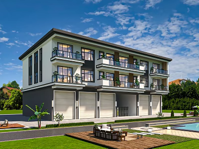 Modern Two Story Detached Villa With Balconies Garage Lawn And Swimming Pool 3d model