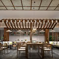 Traditional Chinese Restaurant Interior With Wooden Canopy Structure Marble Countertop And Wooden Tables