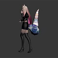 Pink Haired Cat Ears Anime Game Character With Colorful Tail In Black Outfit 3d model