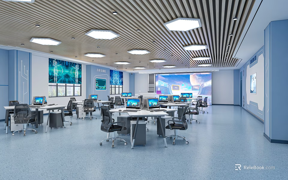 School Modern Computer Classroom With Computers Desks Chairs And Equipment Setup 3d model 