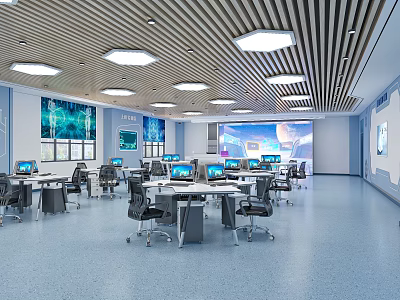 School Modern Computer Classroom With Computers Desks Chairs And Equipment Setup 3d model