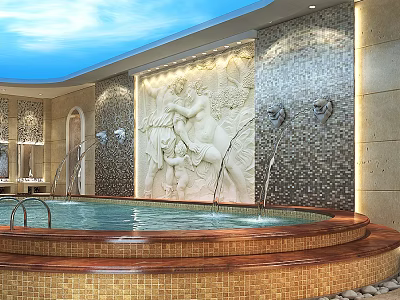 Luxury SPA Sauna Interior with Circular Pool Relief Wall Fountains and Blue Ceiling Lighting 3d model