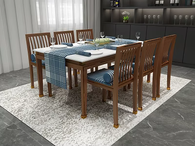 Modern Wooden Dining Table Set With Six Chairs And Blue White Checkered Table Runner 3d model