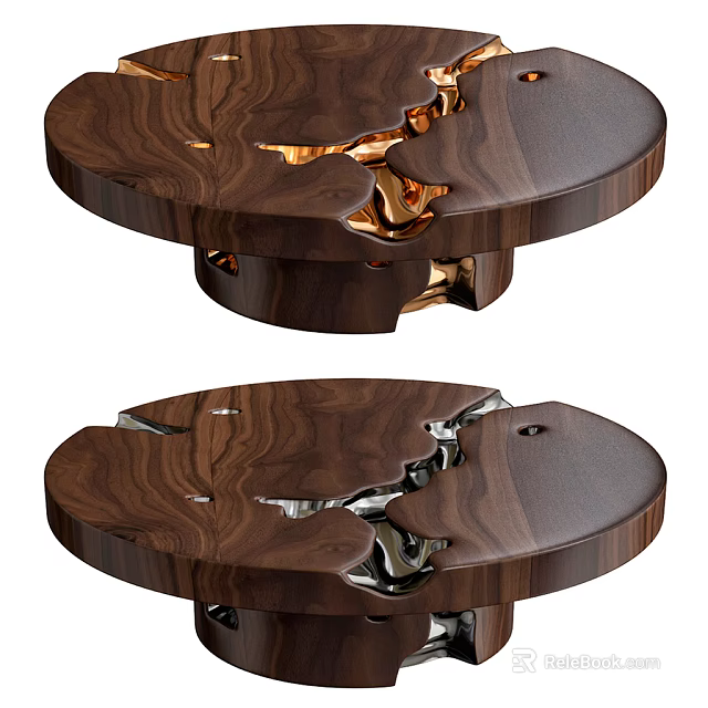 Round Wooden Coffee Table With Dark Wood Grain And Cracked Gold Silver Metallic Accents 3d model 