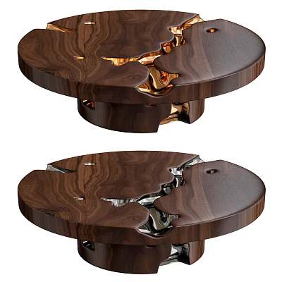 Round Wooden Coffee Table With Dark Wood Grain And Cracked Gold Silver Metallic Accents 3d model