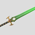 Fantasy Green Blade Sword With Golden Hilt Red Gemstone And Decorative Details