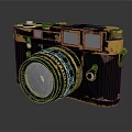 Vintage Digital Camera Retro Design With Gold Accents Dark Body Round Lens And Control Buttons